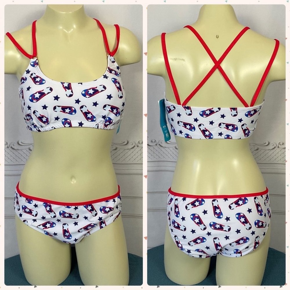 Undercurrent Juniors Patriotic Flip Flop 2 Piece Swimsuit Large Bikini New